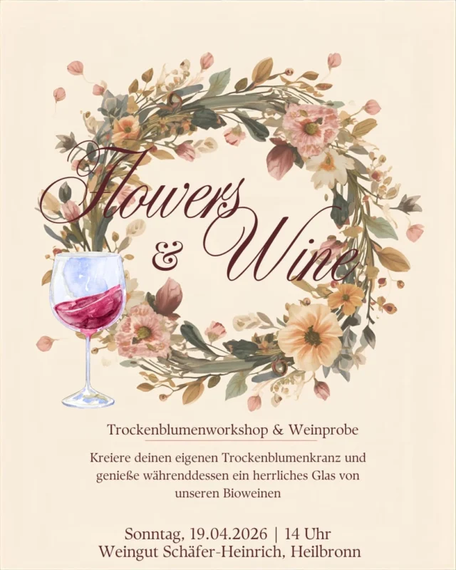 Flowers & Wine 💐 🍷 

Der Frühling ist da und passend dazu haben wir ein neues Event für euch!
Kreiere mit Teresa deinen individuellen Blumenkranz nach Wunsch. Dazu gibt es von Melanie eine kleine Weinprobe mit passenden Snacks.

Wann?  Am 19.04.2026
Wo?  Ökologisches Weingut Schäfer-Heinrich, Heilbronn
Kosten: 65 EUR
Link in der Bio